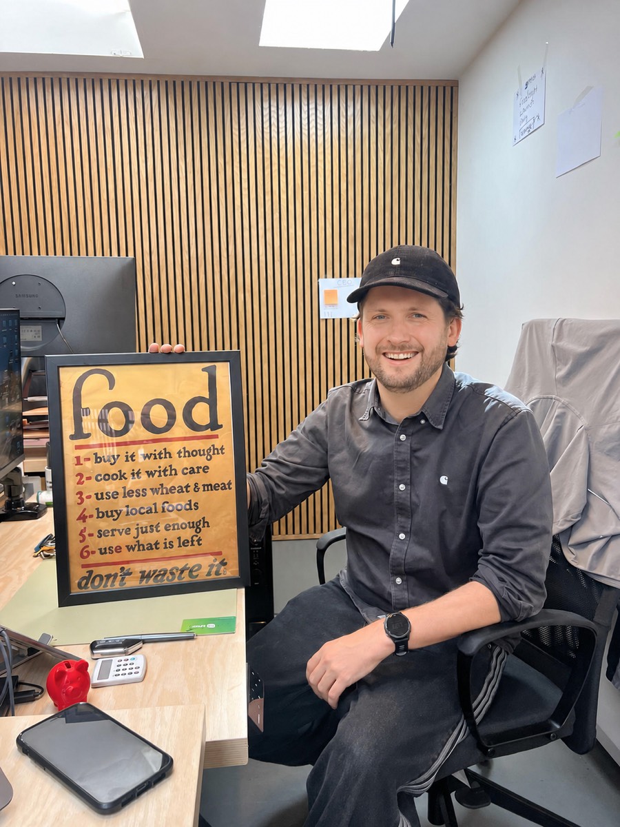Mark Kirwan holding the original food poster that has stayed with him since Positive Carbon's first year